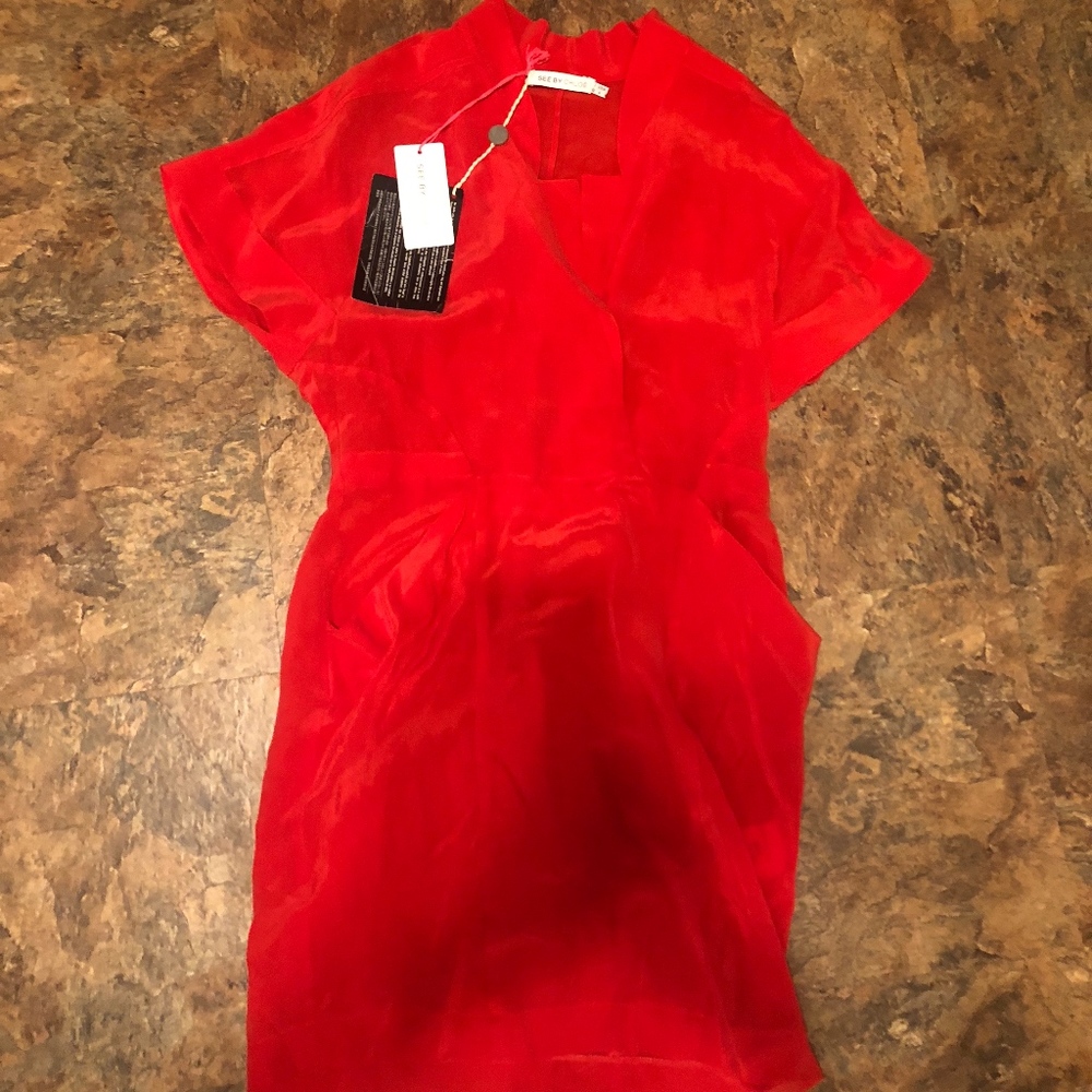 See by Chloe Red S/S Dress with Pockets NWT